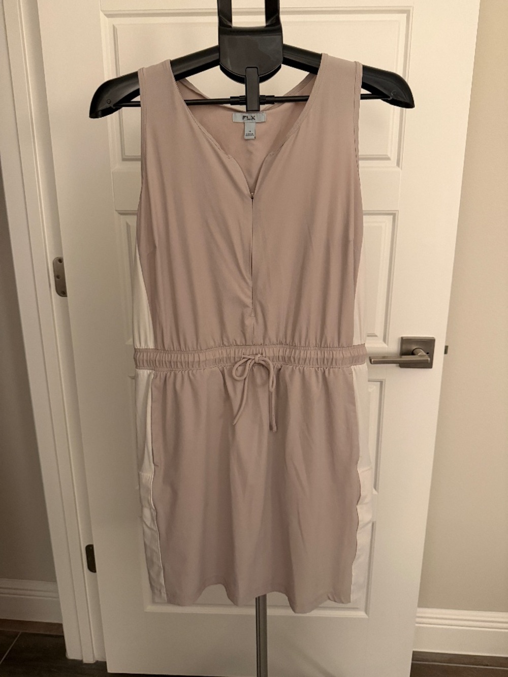 FLX Taupe Activewear - Sleeveless Drawstring Day Dress in Taupe and White
